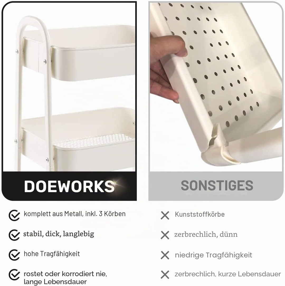 DOEWORKS Aufbewahrungswagen 3-Etagen Metall Utility Cart Rollwagen Organizer Wagen mit Rädern für Kü