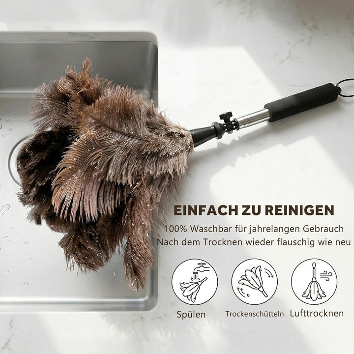 Teleskop Staubwedel aus Straussenfedern, ausziehbar bis 125 cm, waschbar, mit 180 Grad Knickkopf, fü