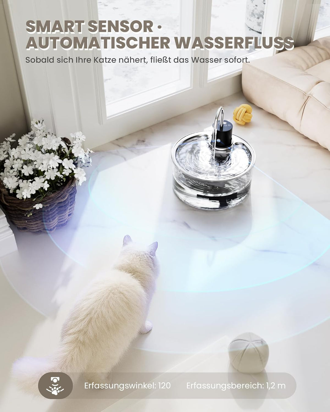 Tomxcute Trinkbrunnen für Katze Kabellos 3,2L, Katzenbrunnen Glas mit Bewegungsmelder, 5000mAh Wiede