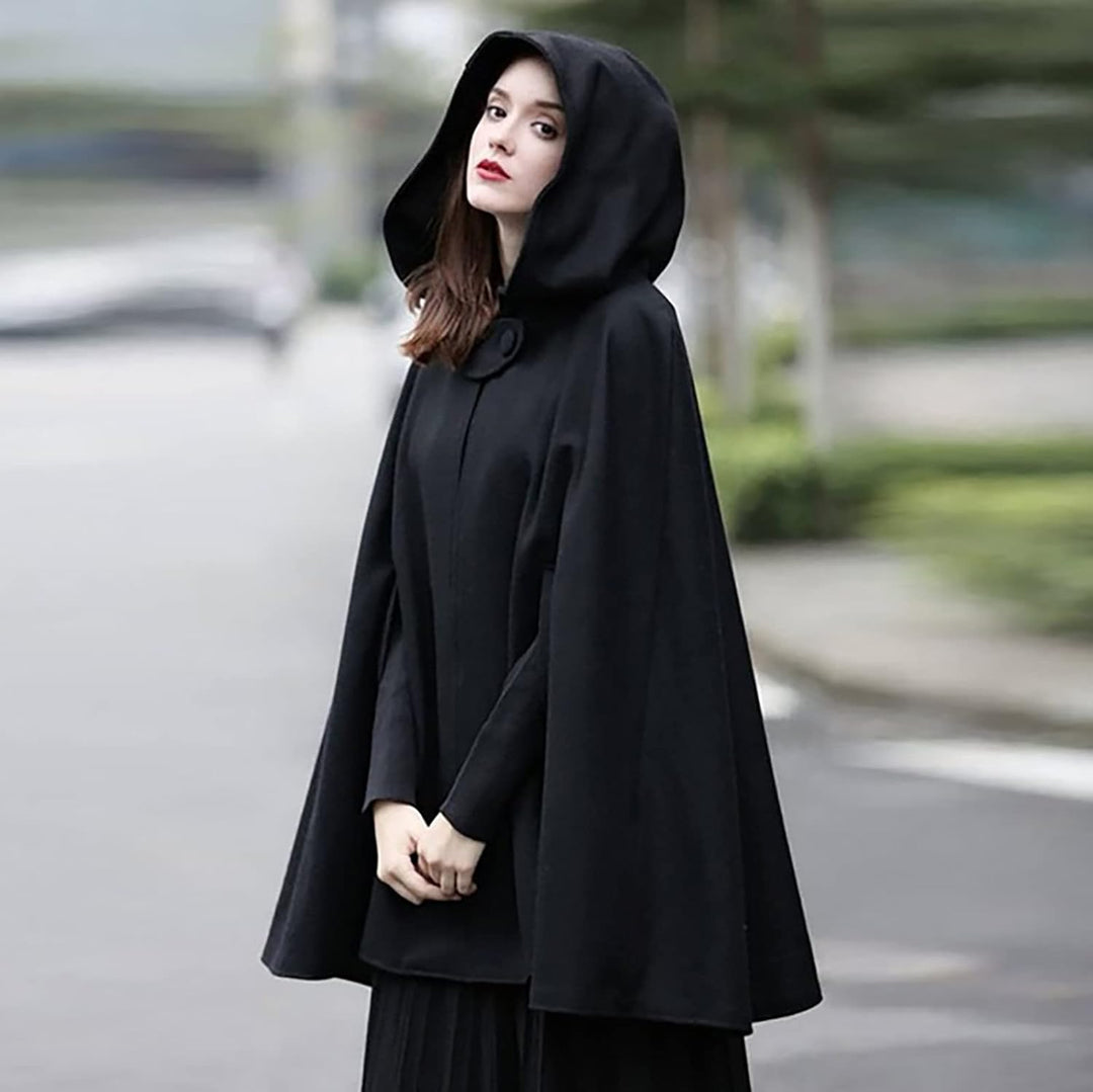 Wollen Umhang mit Kapuze Damen Vintage Einfarbig Poncho Robe Halloween Kostüm Leichte Trenchcoat Win