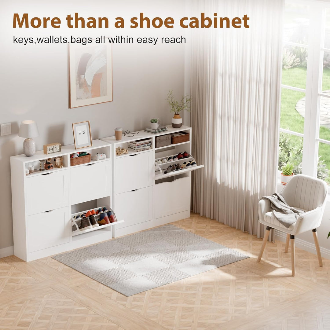 ELUCHANG Schuhschrank schmal mit 4 Klappen / 8 Ablagen, Platzsparender Schuhkipper Schuhkommode, Ges