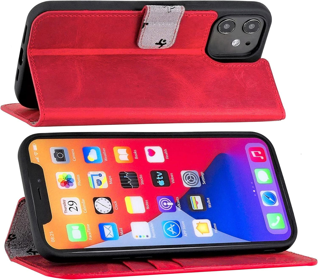 Suncase Book-Style Hülle kompatibel mit iPhone 12 Mini (5.4") Leder Tasche (Slim-Fit) Lederhülle Han