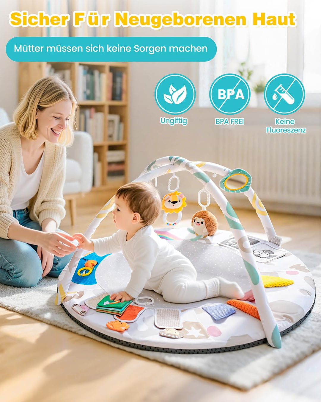 Spielbogen Baby mit 5 Greiflingen | Krabbeldecke für baby ab Geburt | Montessori Spielmatte Grauweis