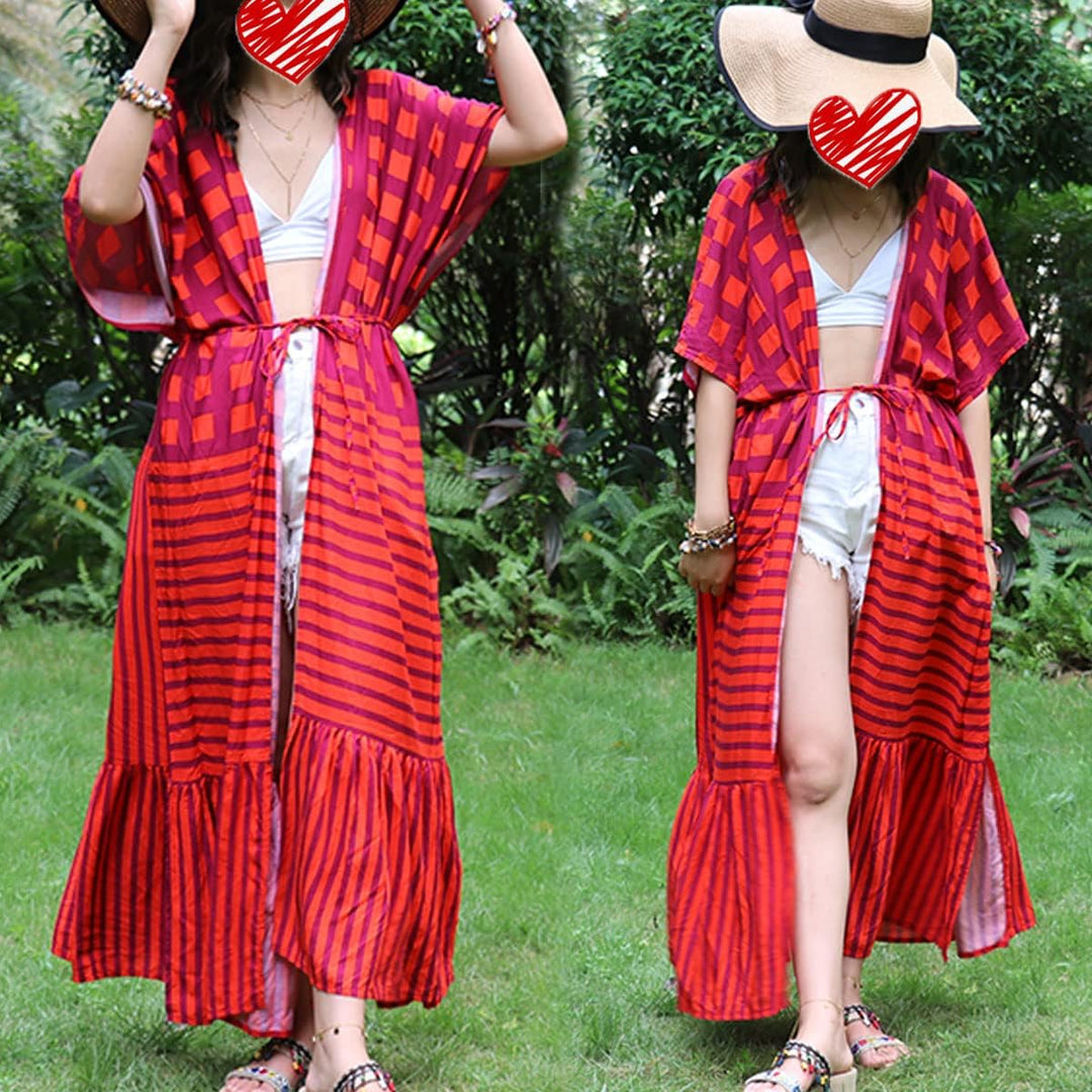 Damen Strand Kimono Cardigan Sommer Lange Strandkimonos Übergrösse Strandponcho Bunt Bikini Cover Up