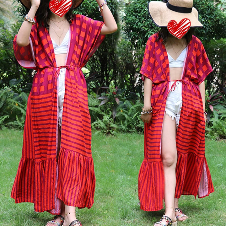 Damen Strand Kimono Cardigan Sommer Lange Strandkimonos Übergrösse Strandponcho Bunt Bikini Cover Up