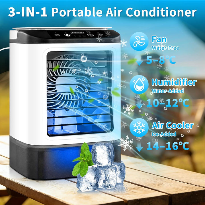2026 Neu Mini Klimaanlage - Tragbare Luftkühler mit 4 Geschwindigkeiten/Sprühfunktion/7-farbigem LED