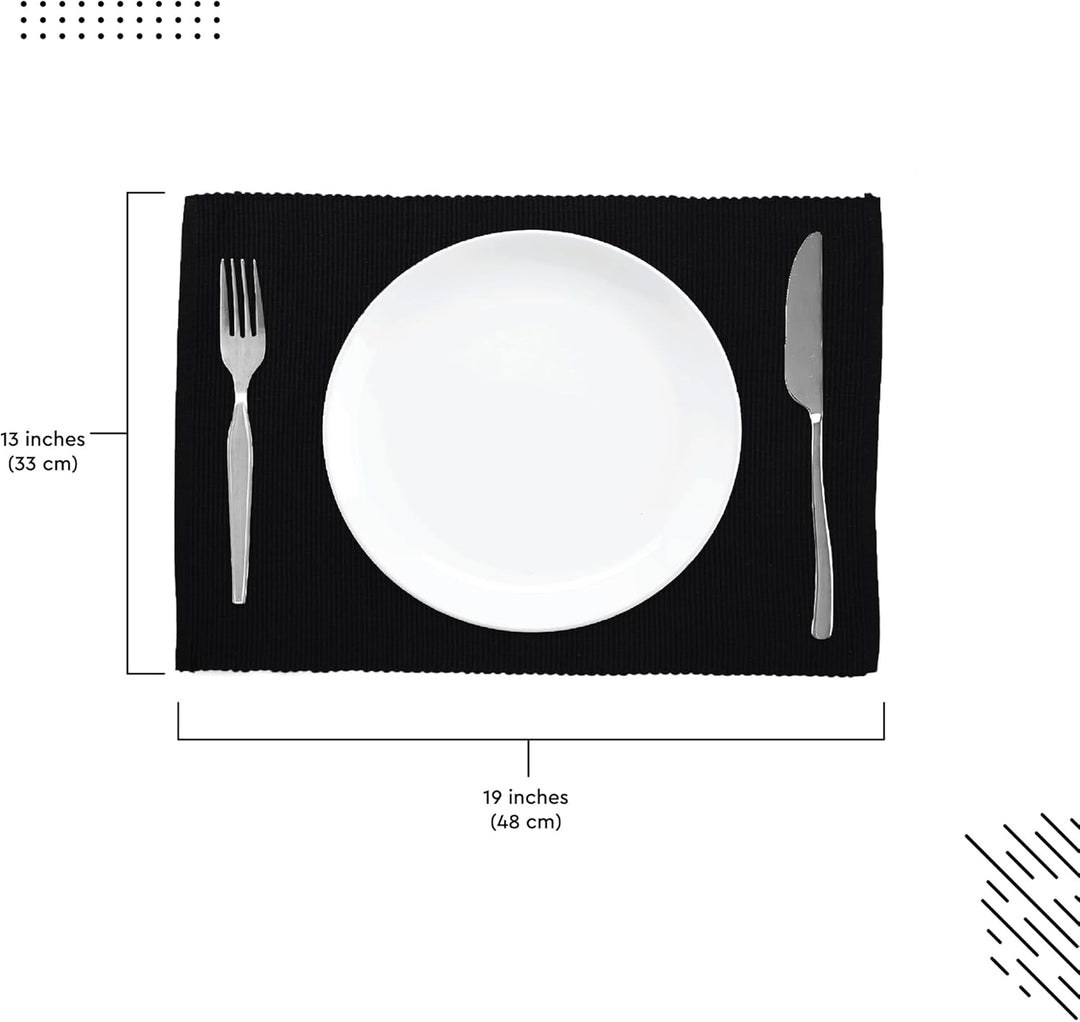 Encasa XO Platzsets Esstisch Set von 6 | Tiefes Schwarz | Fein gerippte Baumwoll-Tischunterlage | Gr