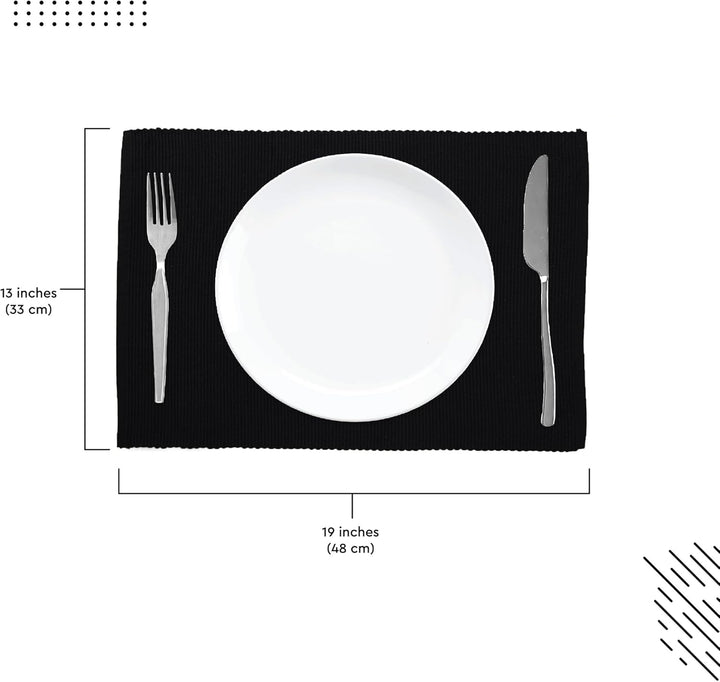 Encasa XO Platzsets Esstisch Set von 6 | Tiefes Schwarz | Fein gerippte Baumwoll-Tischunterlage | Gr