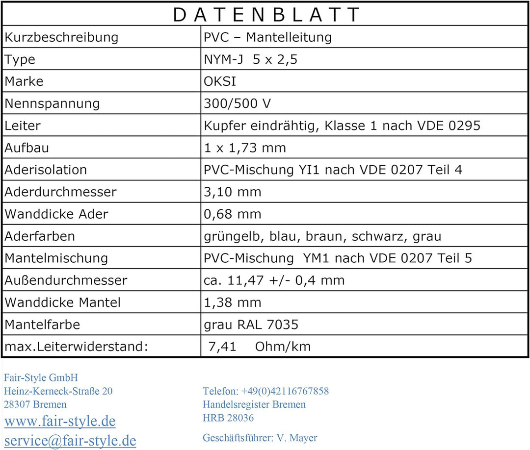 OKSI 10m NYM-J 5x2,5 mm² Mantelleitung Feuchtraumkabel Elektrokabel Kupfer Made in Germany, 10m NYM-