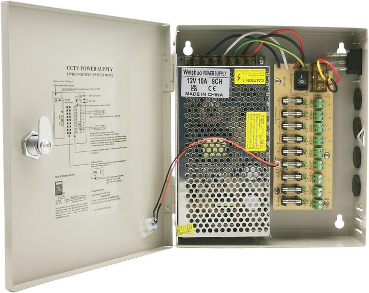 CCTV Netzteil 12V 10A DC 120W, 9 Kanal Überwachungskamera Netzteilkasten mit Metallgehäuse & Schloss