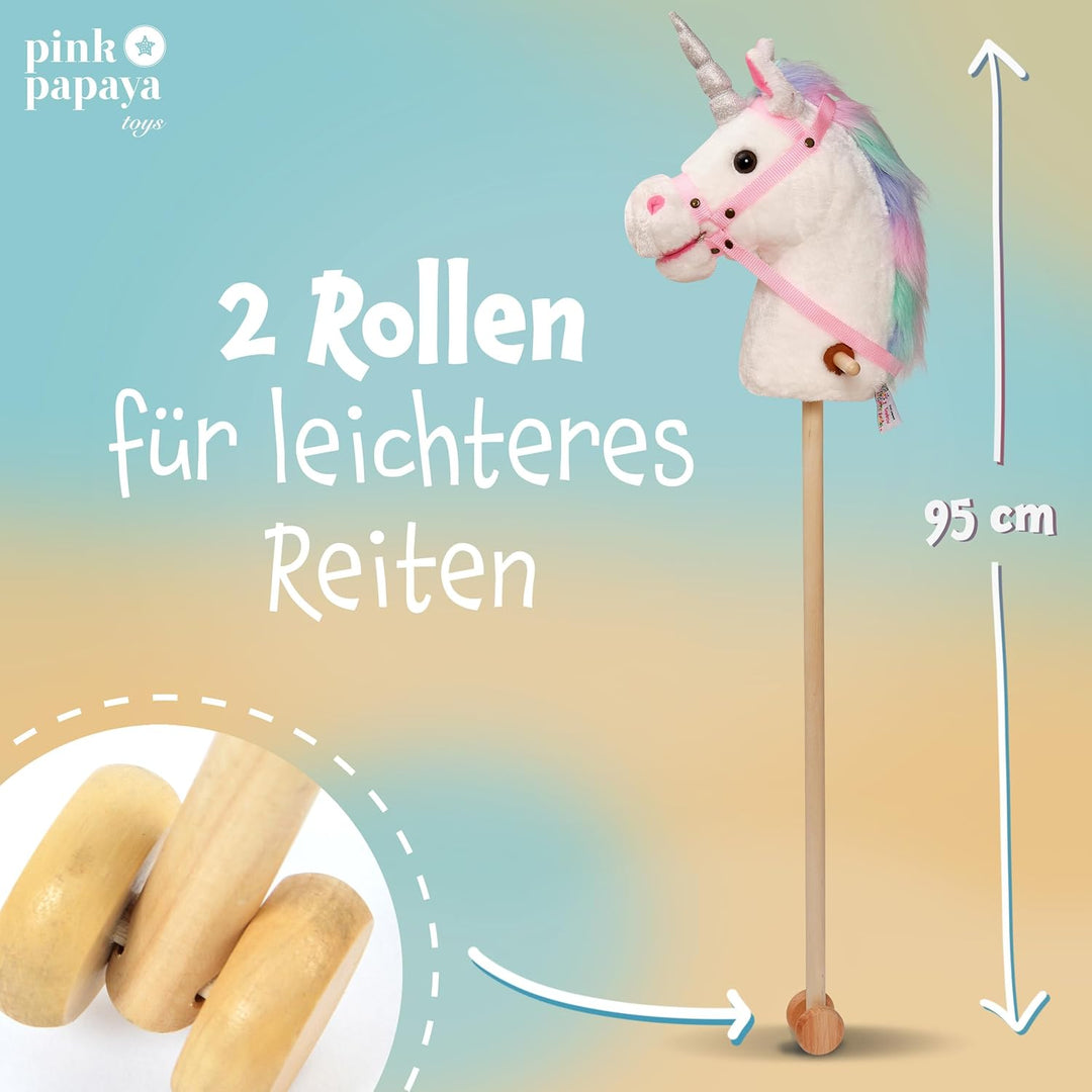 Pink Papaya Steckenpferd, Rainbow, süsses Spielzeug Pferd aus Stoff mit Sound Funktion: Gewieher und