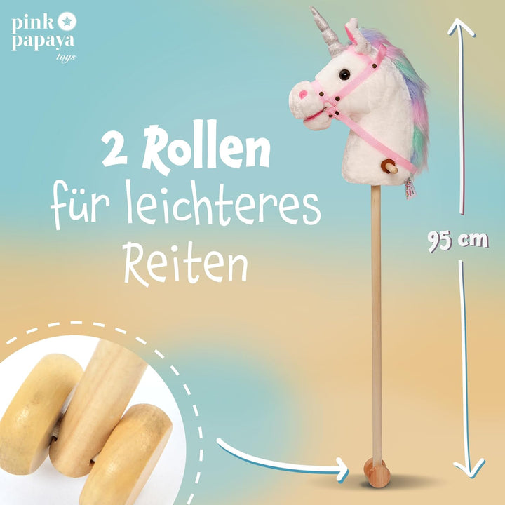 Pink Papaya Steckenpferd, Rainbow, süsses Spielzeug Pferd aus Stoff mit Sound Funktion: Gewieher und