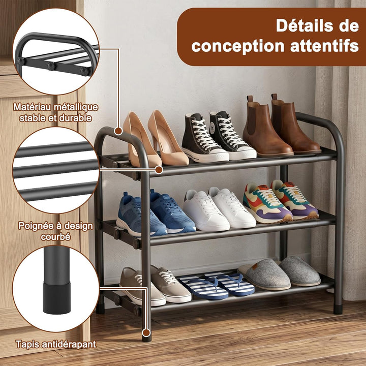 Expandable Schuhregal – 3 Ebenen Metall-Schuhregal mit Ausziehbarer Breite (42-80 cm) in Schwarz, id