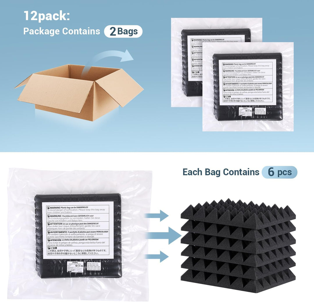 Ohuhu Akustikschaumstoff Akustikpaneele 12 Stück mit Aufkleber, Schalldämmung Wand Schallabsorber Ak