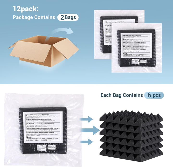 Ohuhu Akustikschaumstoff Akustikpaneele 12 Stück mit Aufkleber, Schalldämmung Wand Schallabsorber Ak