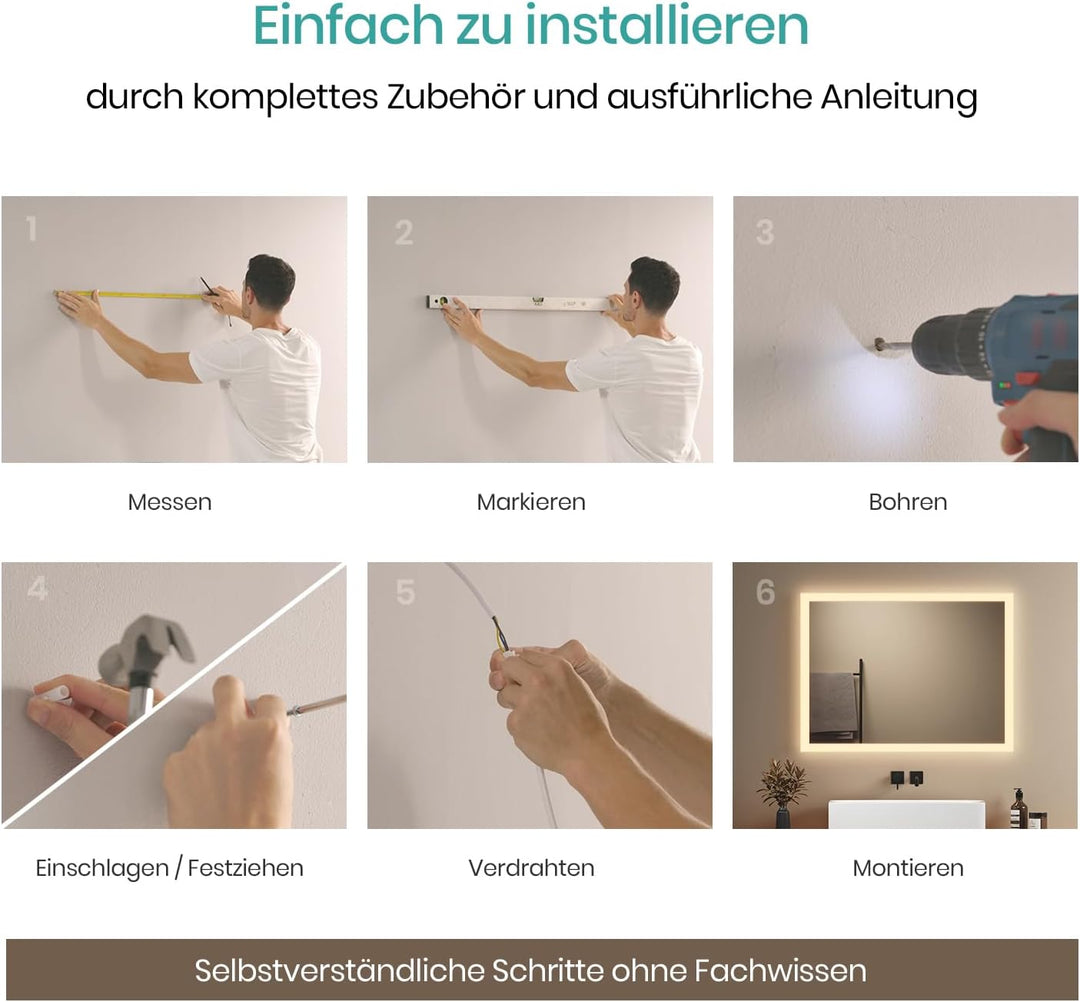 EMKE Badspiegel mit Beleuchtung 80x60cm, Badezimmerspiegel mit Warmweiss Licht 3000K, Wandschalter,