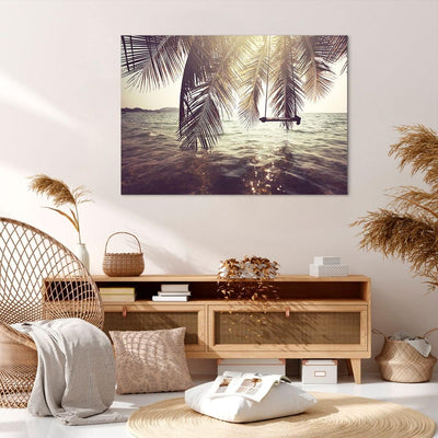 Bilder auf Leinwand 100x70cm Leinwandbild mit Rahmen Meer Palme Wasser Gross Wanddeko Bild Schlafzim