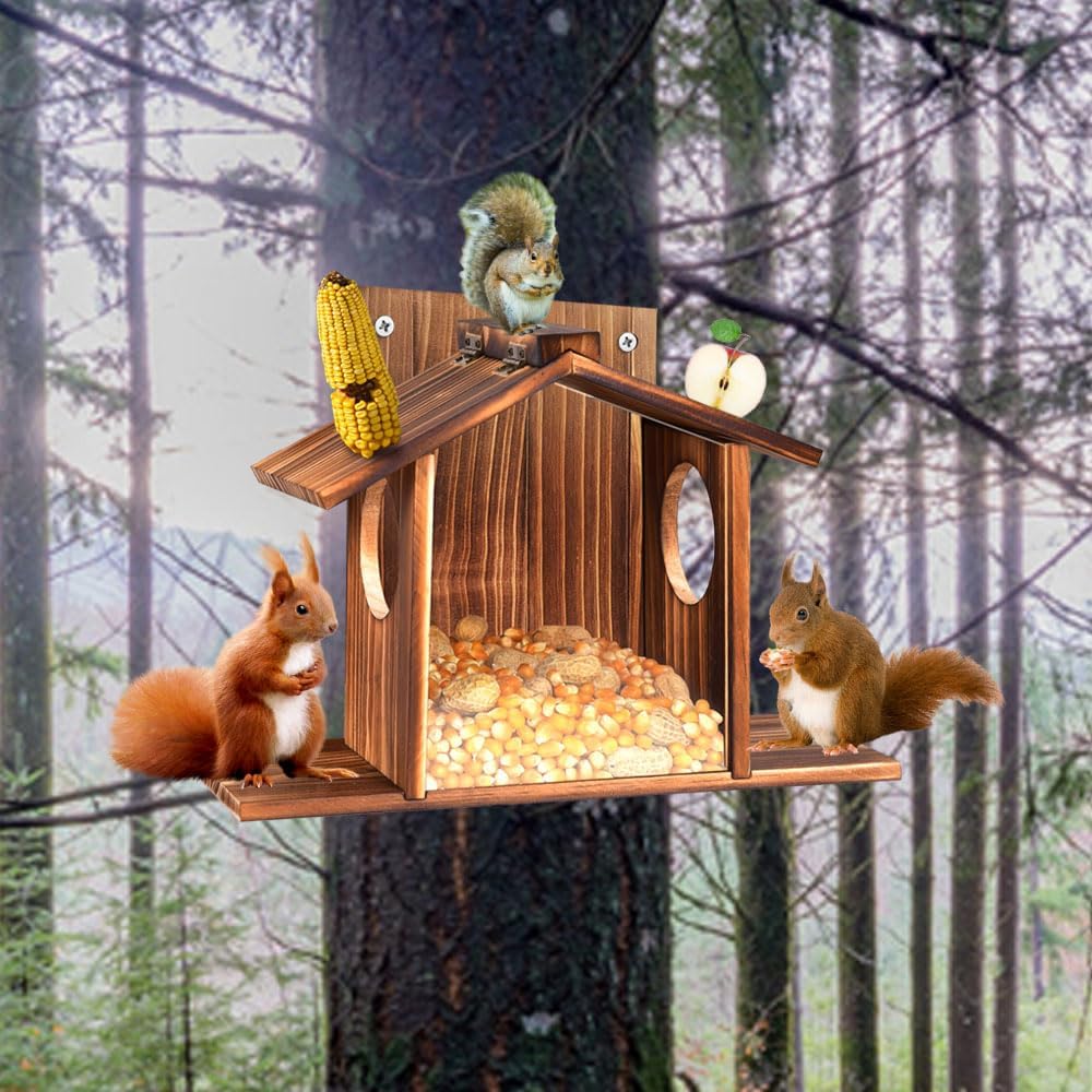 Eichhörnchen Futterhaus mit Sichtfenster & Klappdach - Wetterfeste Futterstation für Nüsse, Mais und
