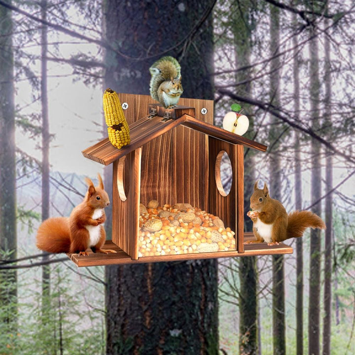 Eichhörnchen Futterhaus mit Sichtfenster & Klappdach - Wetterfeste Futterstation für Nüsse, Mais und