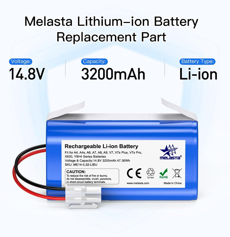 melasta 14,4V 3200 mAh Li-ion Ersatzakku Akku Batterie für iLife Staubsauger A4, A4s, A6,V7, A6, A7,