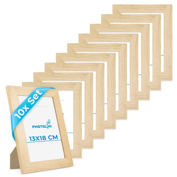 PHOTOLINI Bilderrahmen 13x18 Set Holz MDF Natur, 10er Set breite Bilderrahmen 18x13, Fotorahmen 13 x