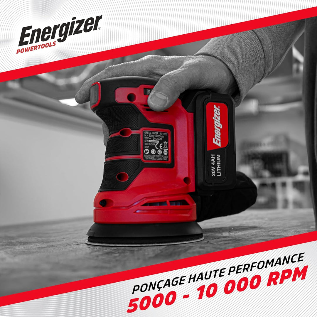 Energizer 20 V Akku-Exzenterschleifer – 10.000 U/min, 6 Geschwindigkeiten, 125 mm Pad, Auffangbeutel