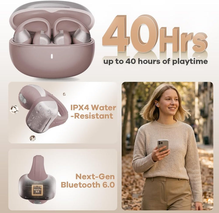 Open Ear Kopfhörer, Bluetooth Earbuds, Clip on Design mit 4 Noise Cancelling Mikrofone, 40h Std, Blu