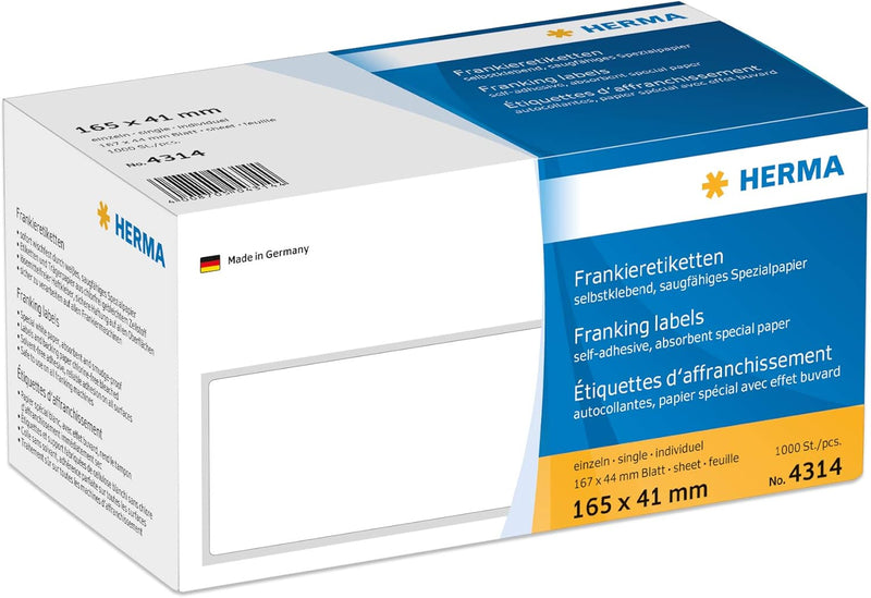 HERMA 4314 Frankieretiketten für Frankiermaschinen, 165 x 41 mm, 1000 Stück, selbstklebend, matt, ei