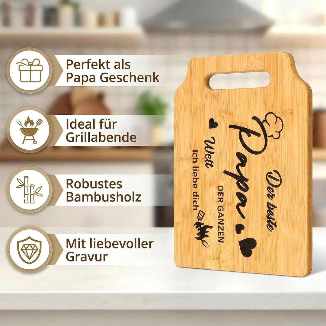 Defresit Papa Geschenk Set 5-in-1 – Lustige Grillschürze, Bambus Schneidebrett & 3 Holz Kochlöffel –