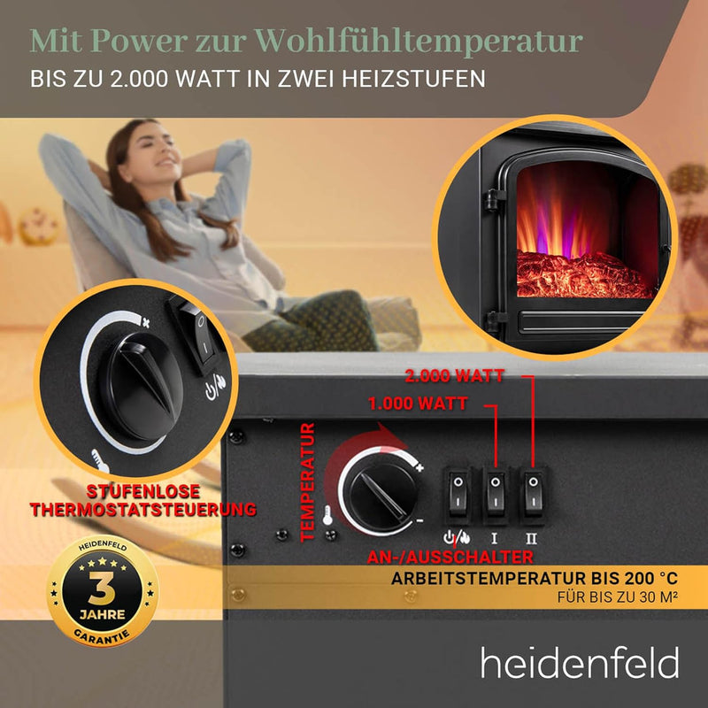 Heidenfeld Elektrokamin EK100 | 𝟯 𝐉𝐀𝐇𝐑𝐄 𝐆𝐀𝐑𝐀𝐍𝐓𝐈𝐄 - 2000 Watt - Energiesparende LEDs - Glasfront - 2