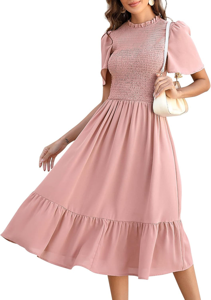 KOJOOIN Damen Kleid Lange Sommerkleid Casual Swing Kleid Kurzärm Maxikleid Rüschen Freizeitkleid(Ver