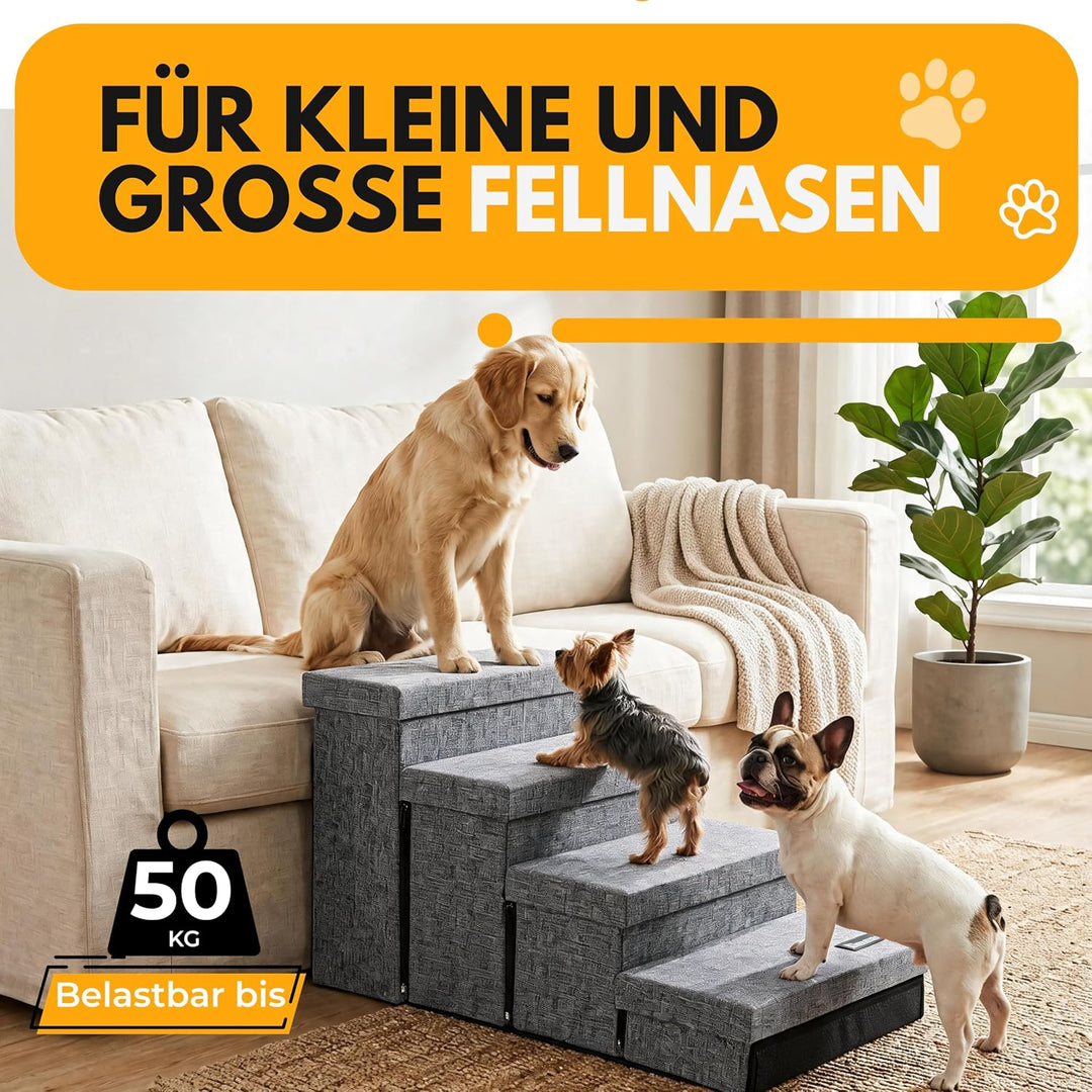 Hundetreppe mit 4 Aufbewahrungsboxen | mit Rampenfunktion | Faltbare Haustier rutschfeste Sicherheit