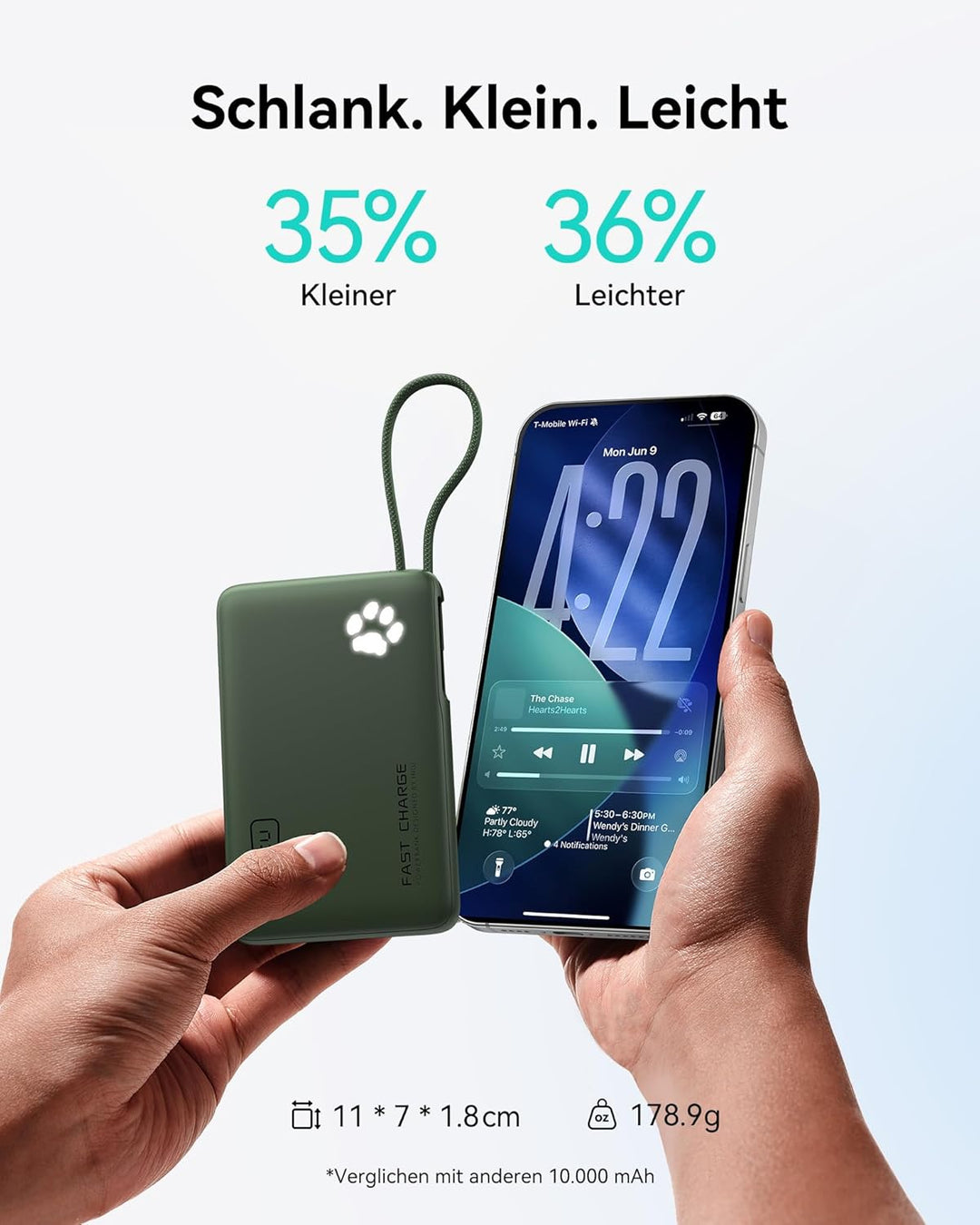 INIU 45W Power Bank, Mini-Grösse 10000mAh PowerBank mit Integriertem USB-C Kabel, Schnellladen Exter