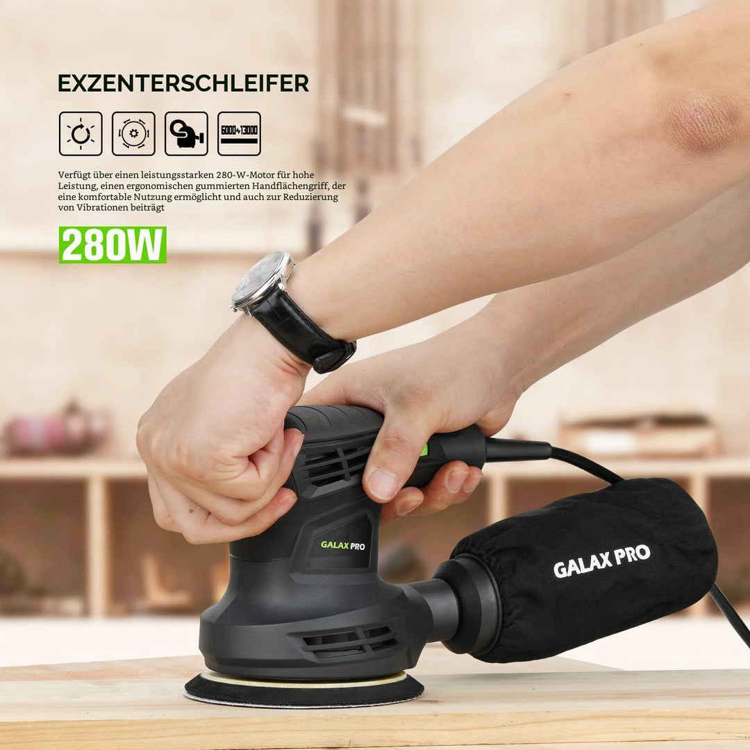 GALAX PRO Rundschleifer, 280 W, 6 Geschwindigkeiten, 6000-13000 U/min, 15 Stück 125 mm, Schleifschei