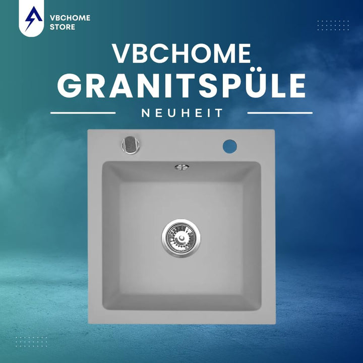 VBChome Granitspüle 50 x 48 cm Grau mit flexibler Armatur Einzelbecken Einbauspüle Gesprenkelt Pfleg