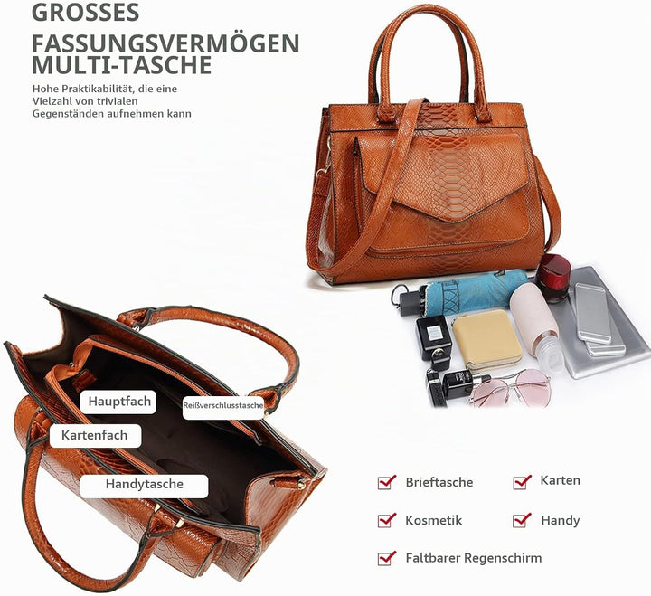 NICOLE &amp; DORIS Damen Handtaschen Krokodil Handtasche Henkeltasche Lackiert Krokodil Top Griff Henkel