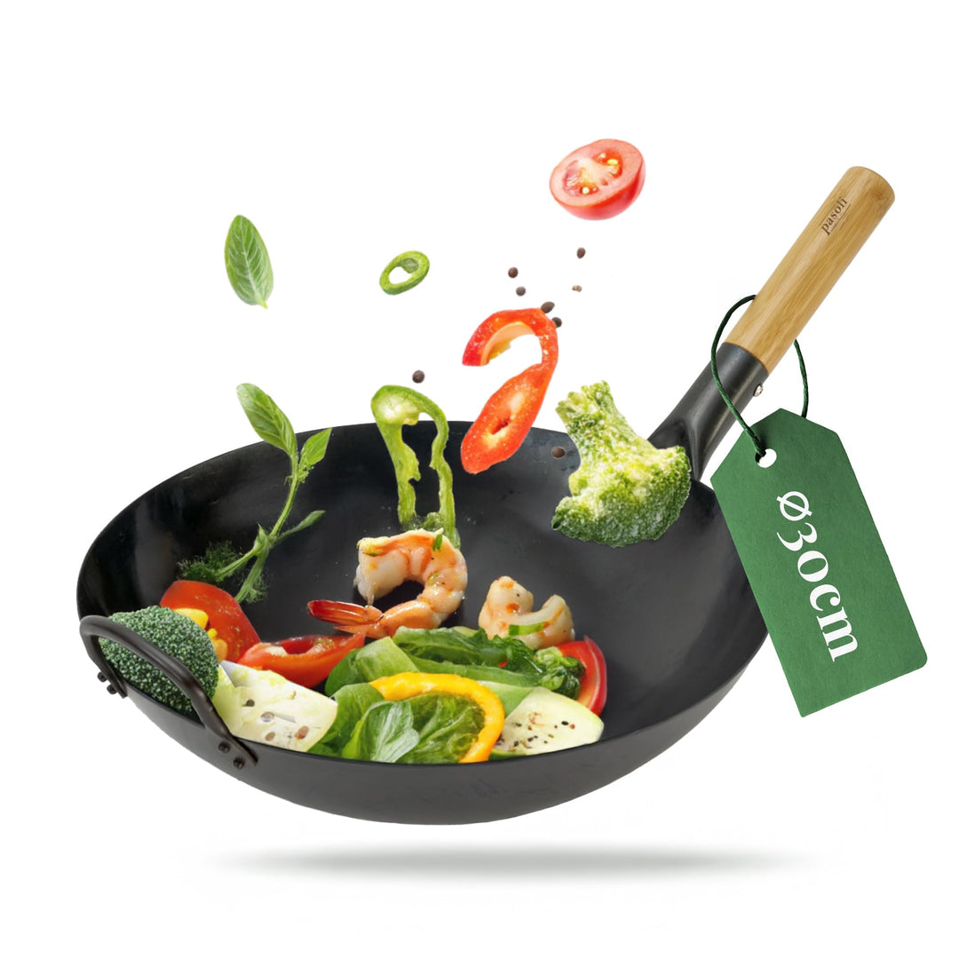 pasoli handgehämmerter Wok + gratis Rezepte eBook - voreingebrannt - traditionelle Asiapfanne - Brat