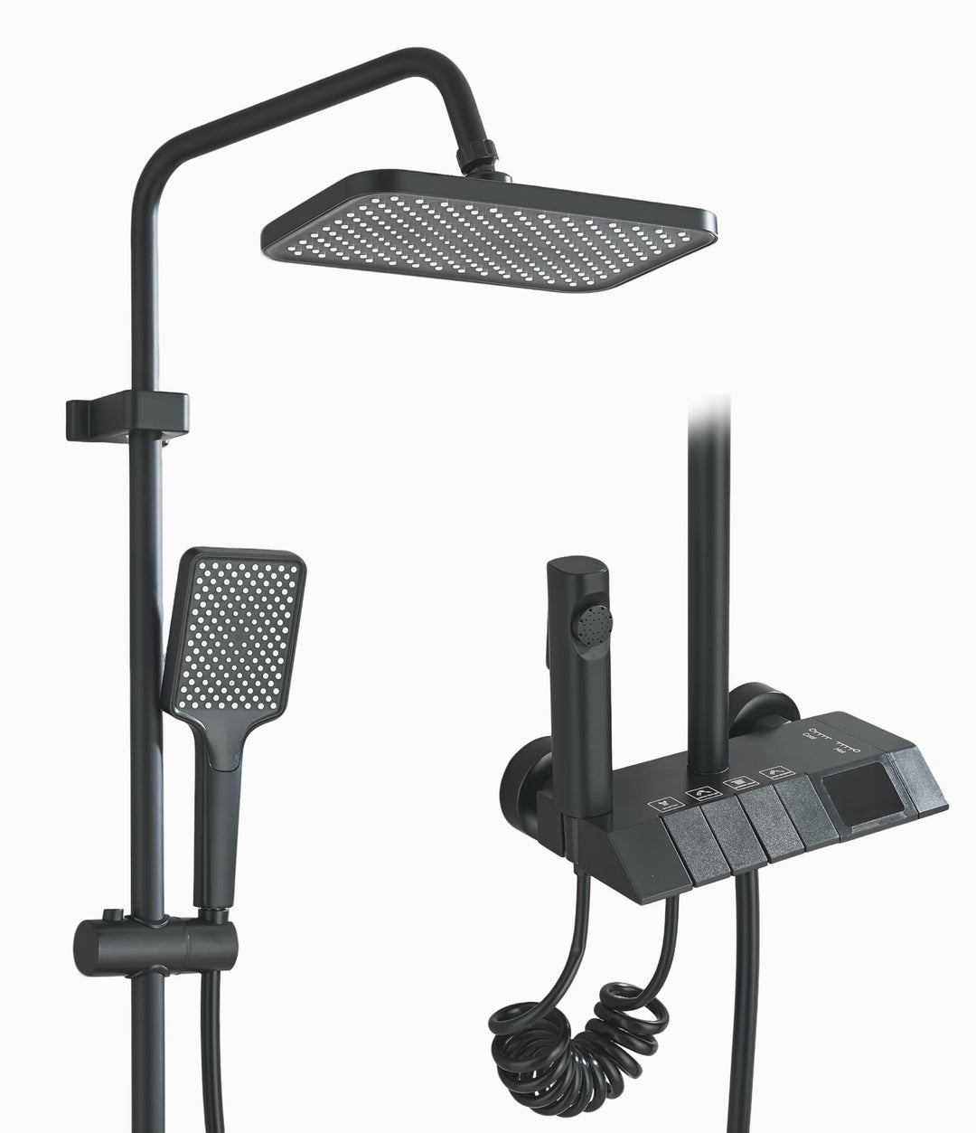 Komplettes schwarzes Duschset, bestehend aus einem Thermostat mit LED-Anzeige, einem 4-in-1-Regendus