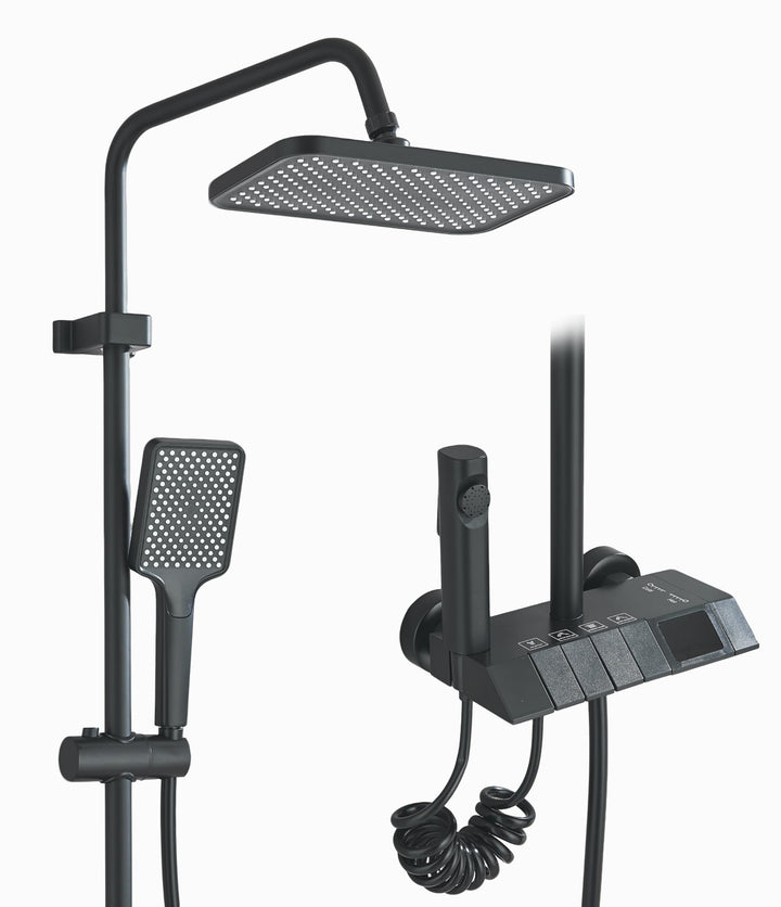 Komplettes schwarzes Duschset, bestehend aus einem Thermostat mit LED-Anzeige, einem 4-in-1-Regendus