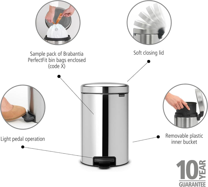 Brabantia 113581 Treteimer mit Inneneimer aus Kunststoff, stahl, Brilliant Stahl, 12 Liter 12 Liter