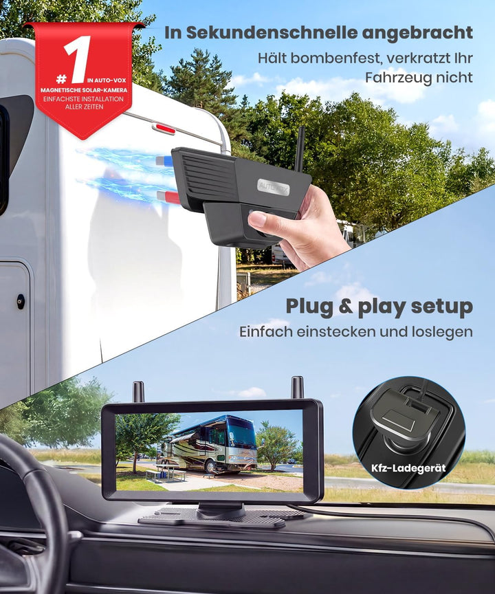 AUTO-VOX Magnetische Solar Rückfahrkamera Kabellose: 1 Min Installation, 1080P HD Zwei-Kanal mit Auf