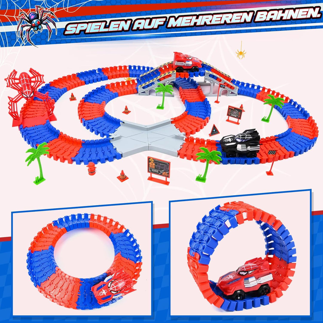 PATEMZON Autorennbahn Spielzeug, Spide Triebwagen, Autobahn Spielzeug mit 2 Autos, 208 PCS Flexibel