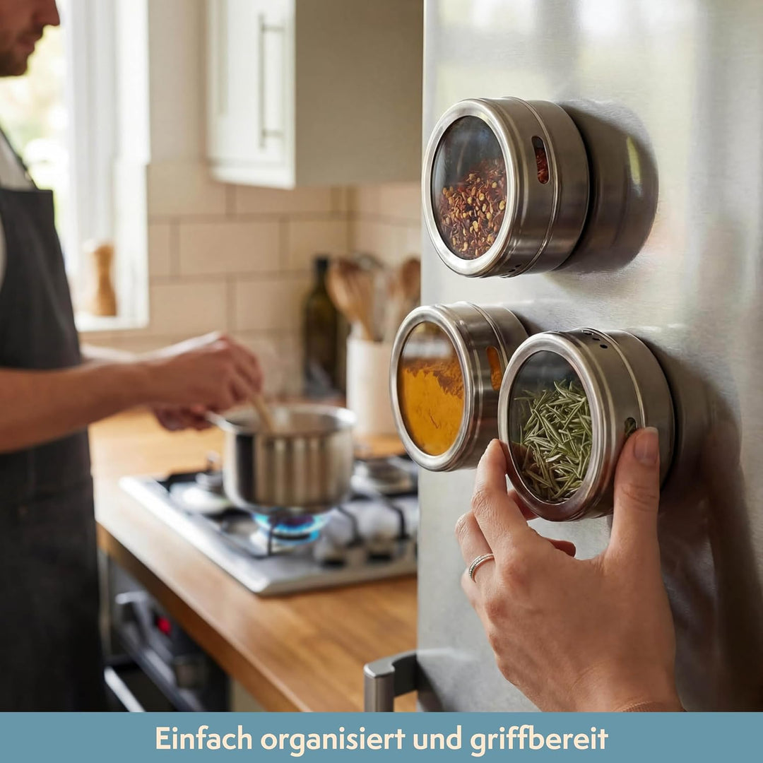 Oak & Steel – 12 Magnetische Edelstahl-Gewürzdosen (100ml, Silber) – 2-in-1 Gewürzbehälter mit Decke