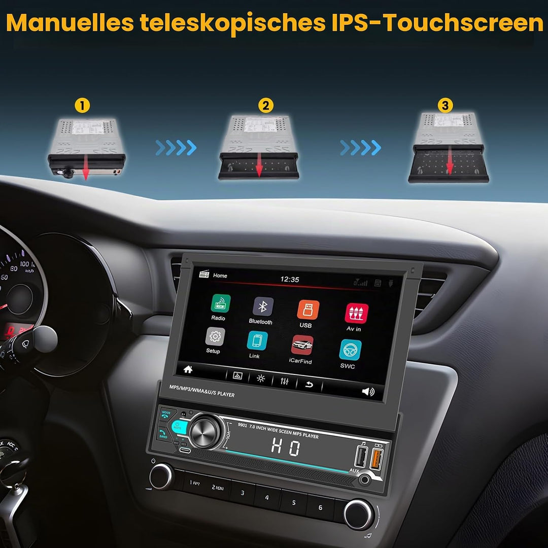 Hikity 1 Din Autoradio mit 7 Zoll Manuell Einziehbarer Touch Display Radio mit Ausfahrbarem Bildschi