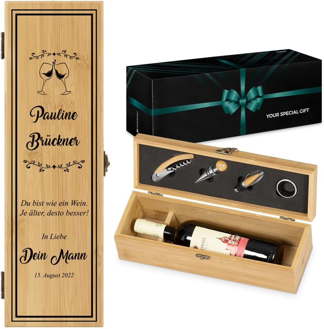 Maverton Weinbox für 0,7L Weinflasche - Wein Holzbox personalisiert + 4er Weinzubehör - Weinset Wein