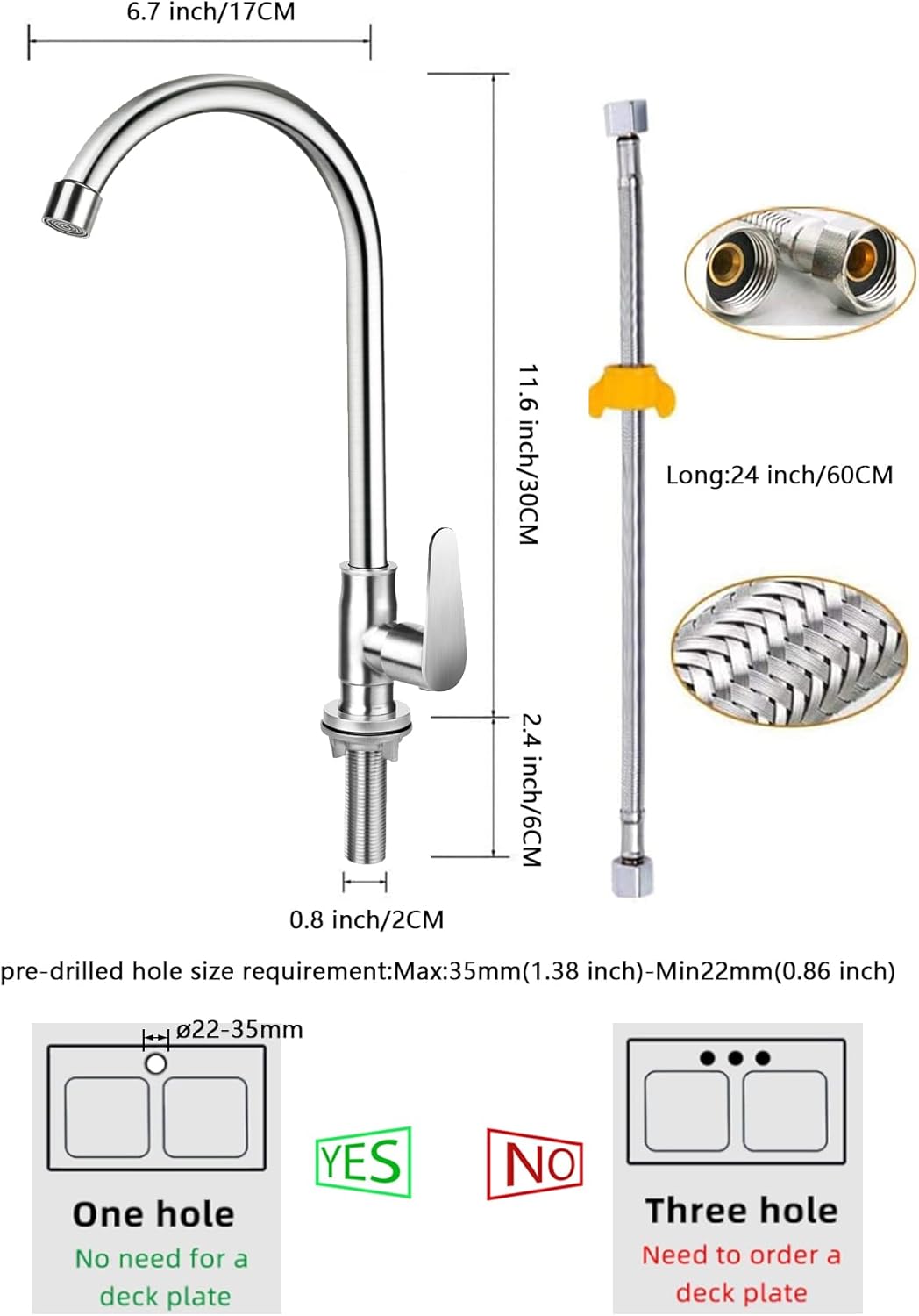 Kaltwasserhahn, Kugellager Edelstahl Kaltwasser Küchenhahn Einhand Single Hole Kaltwasserhahn für Kü