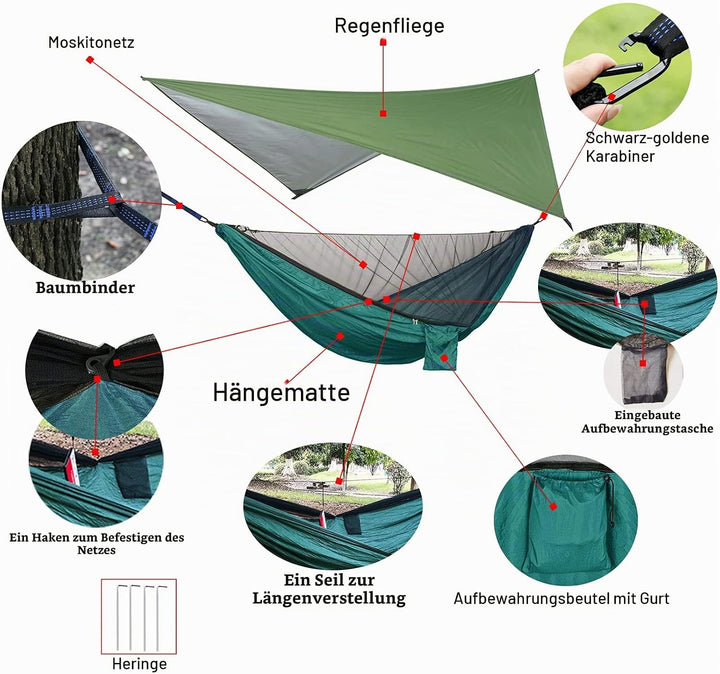Camping Hängematten Set, Einzel Doppel Hängematte, Moskitonetz, Insektennetz, Regenfliege, hochfeste