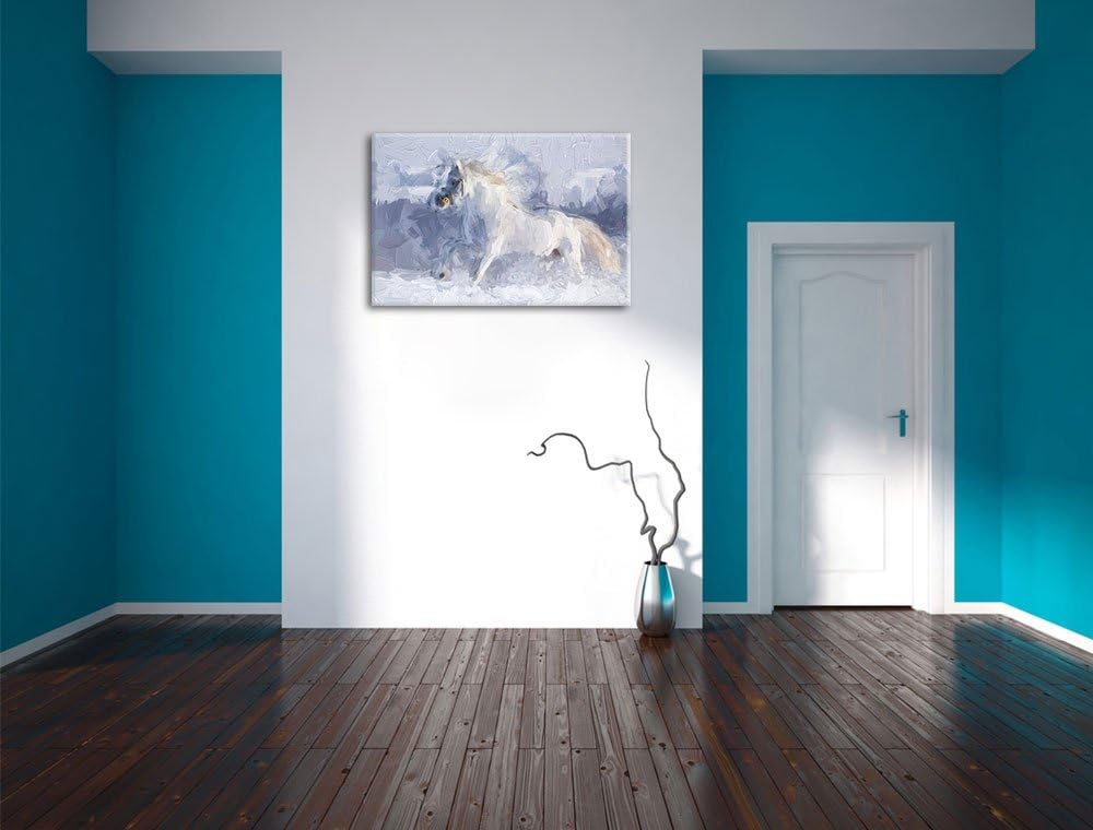 Pixxprint Weisses Pferd auf Schneewiese als Leinwandbild/Grösse: 100x70 cm/Wandbild/Kunstdruck/ferti