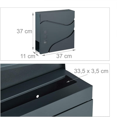 Relaxdays Briefkasten mit Zeitungsfach, Wand-Postkasten mit Sichtfenster, HBT 37x37x11cm, Stahl, 2 S