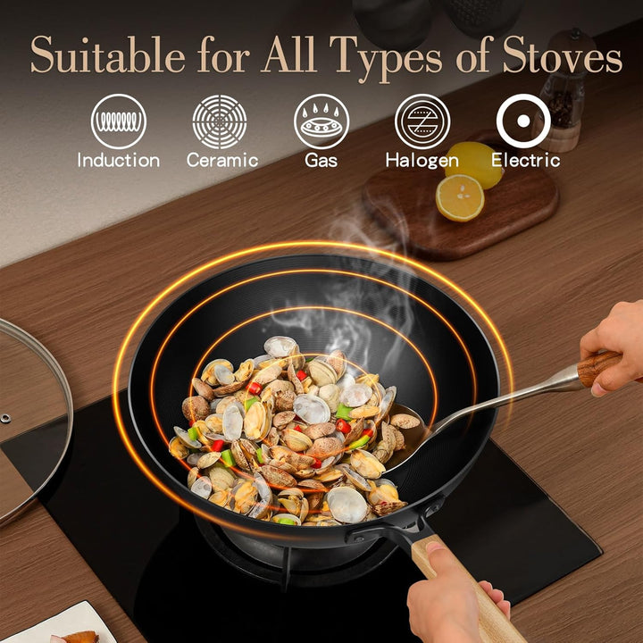 Jobin 30cm Wok Antihaft mit Deckel, Wokpfanne Induktion Ohne Chemische Beschichtung und Grosses Fass